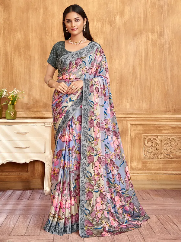 Blue crepe saree with grey border