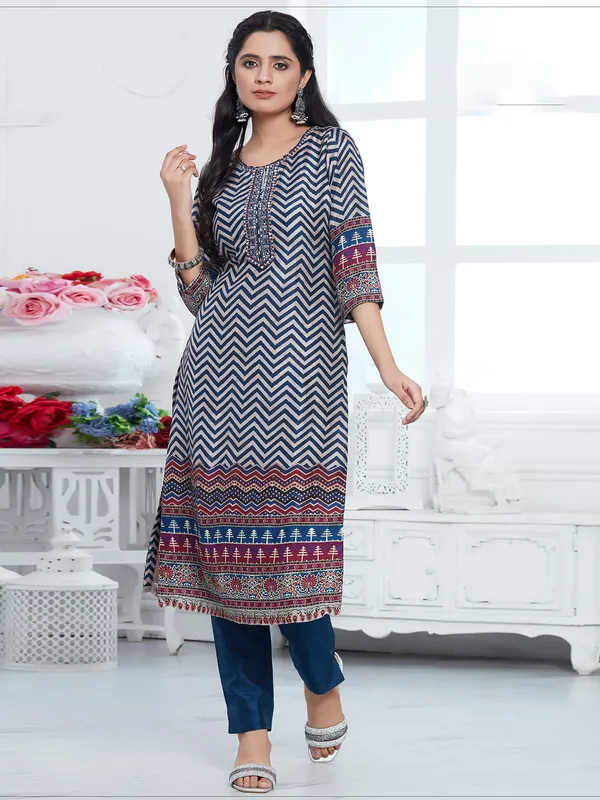 Blue digital printed straight kurti