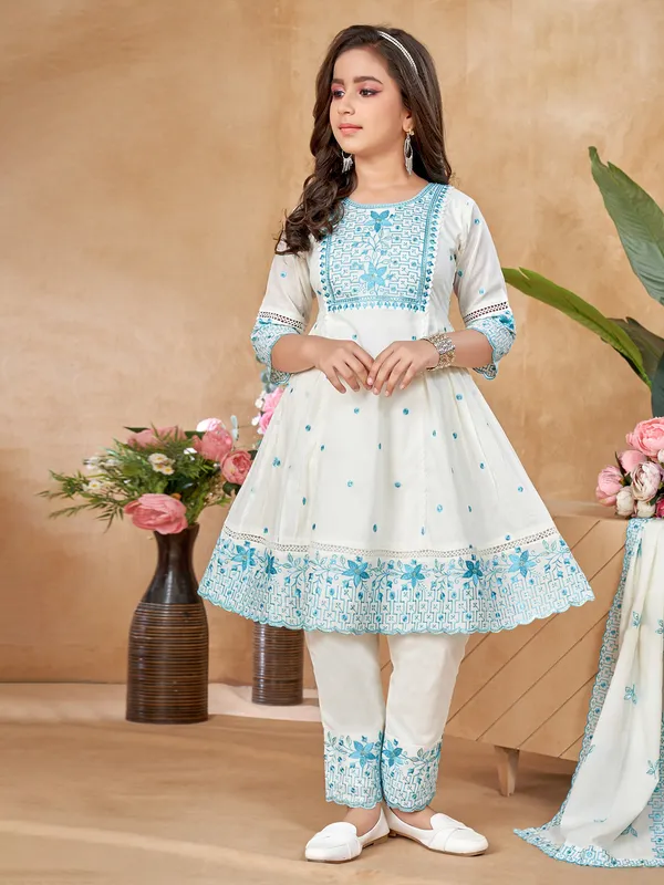 Blue embroidered pant salwar suit for festive wear with dupatta