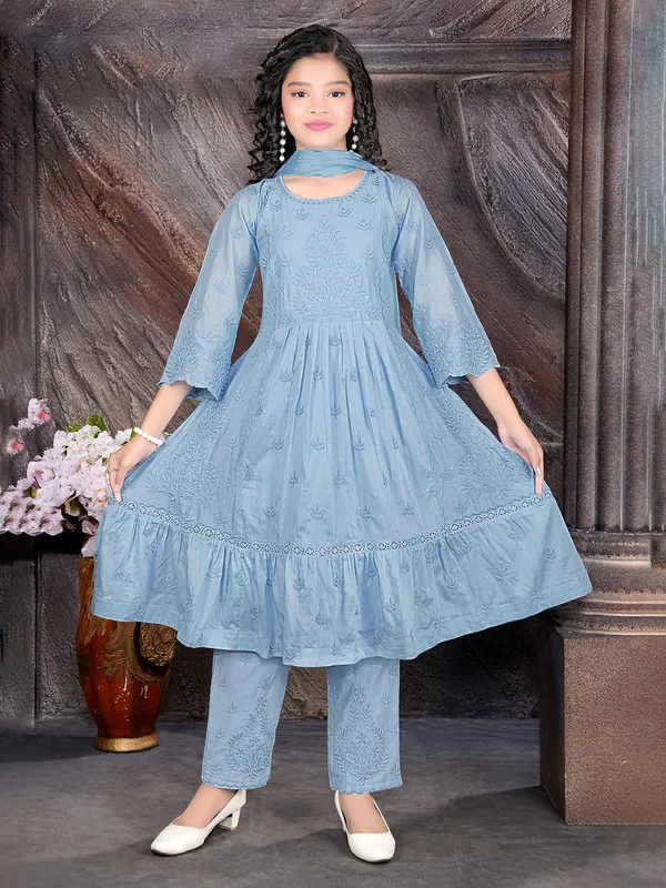 Blue ethnic salwar suit with pants and dupatta