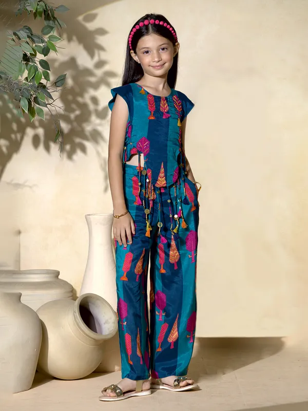 Blue festive printed silk palazzo co-ord set for girls