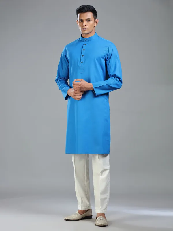 Blue festive ready kurta suit in fine cotton for men