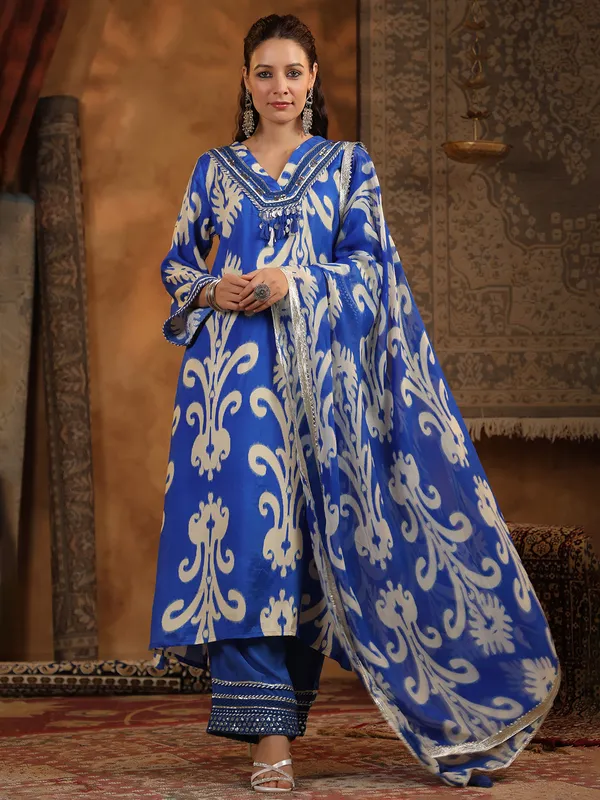 Blue festive stylecotton silk kurti set