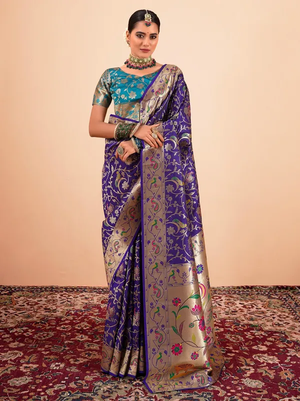Blue festive wear paithani silk saree