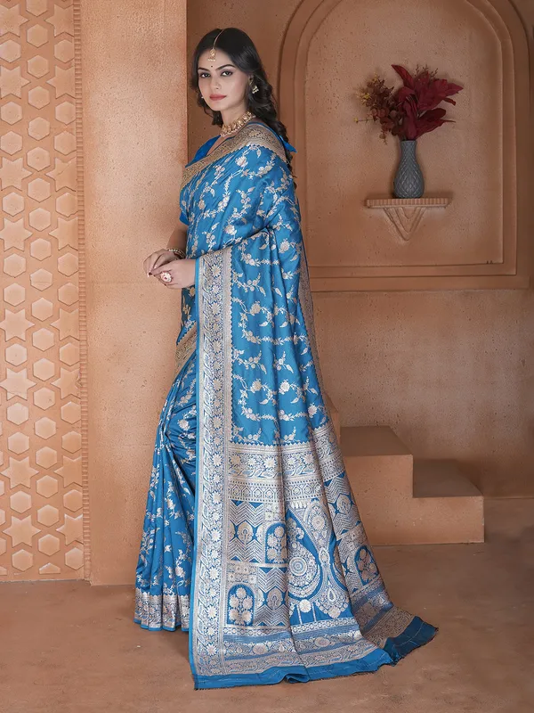 Blue festive wear saree in soft silk