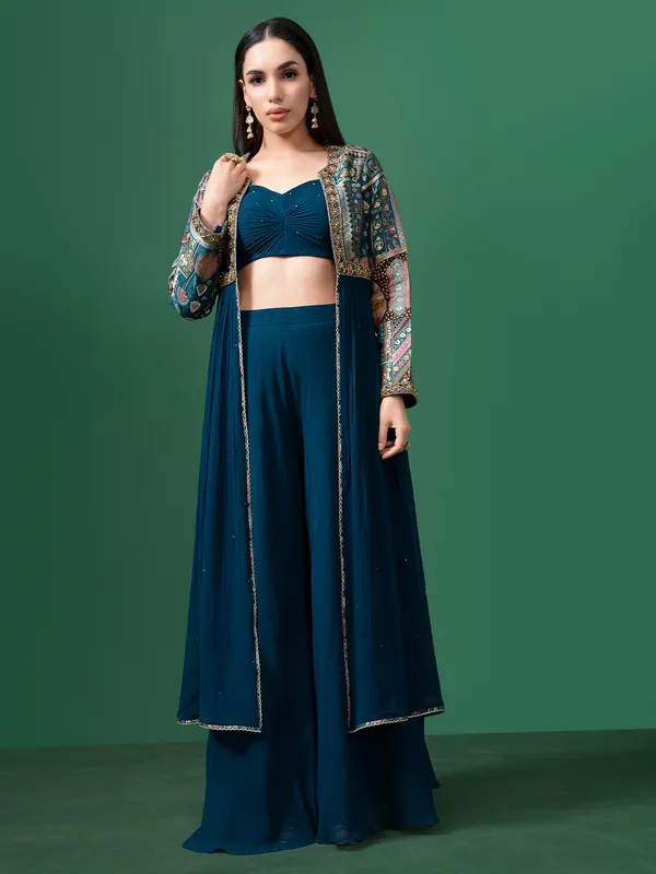 Blue georgette long jacket style palazzo suit