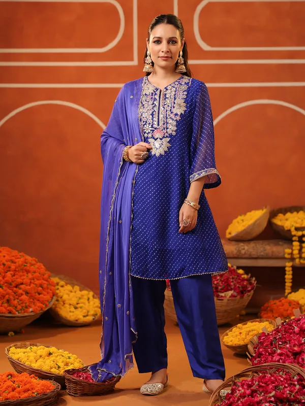 Blue georgette printed kurti set with dupatta