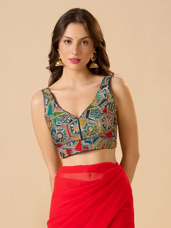 Blue georgette ready made blouse with sweetheart neck