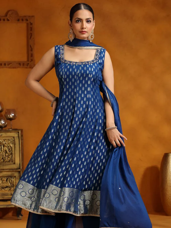 Blue georgette zari weaving palazzo suit with dupatta