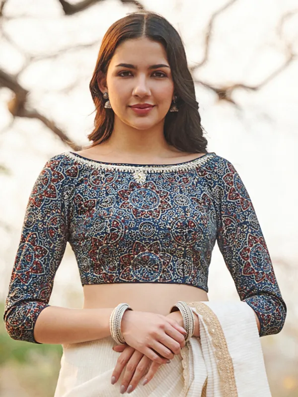 Blue hand block printed ajrakh cotton ready made blouse