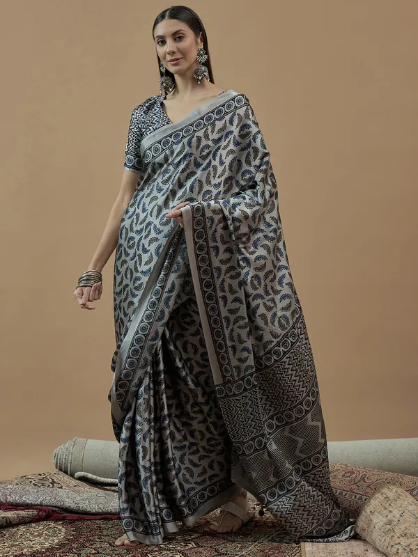 Blue japan satin saree with printed