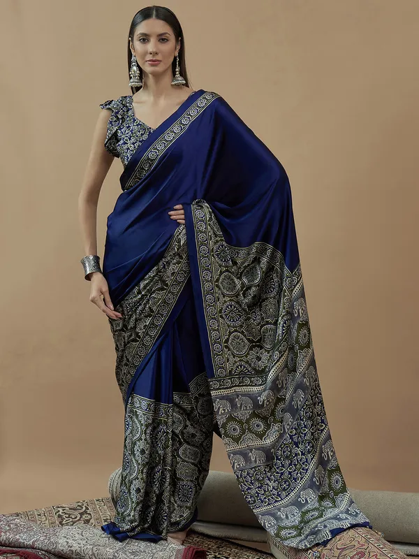 Blue japan satin saree with printed for festive wear