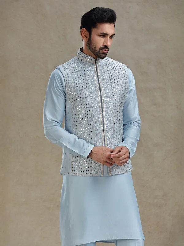 Blue linen silk mirror worked waistcoat set
