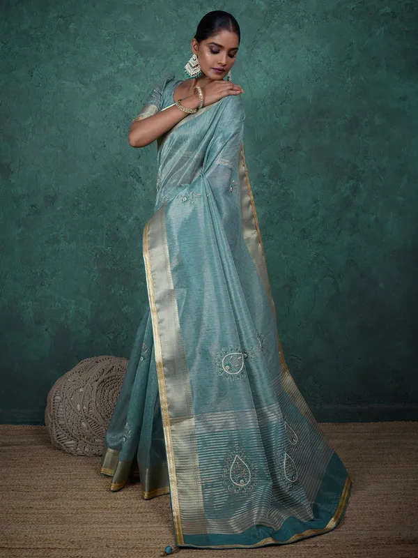 Blue linen tissue silk saree