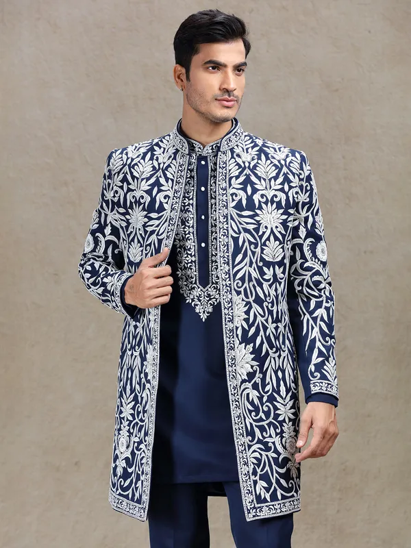 Blue long jacket style indo-western in rich work