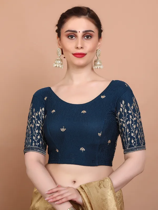 Blue lycra strechable embroidered ready made blouse
