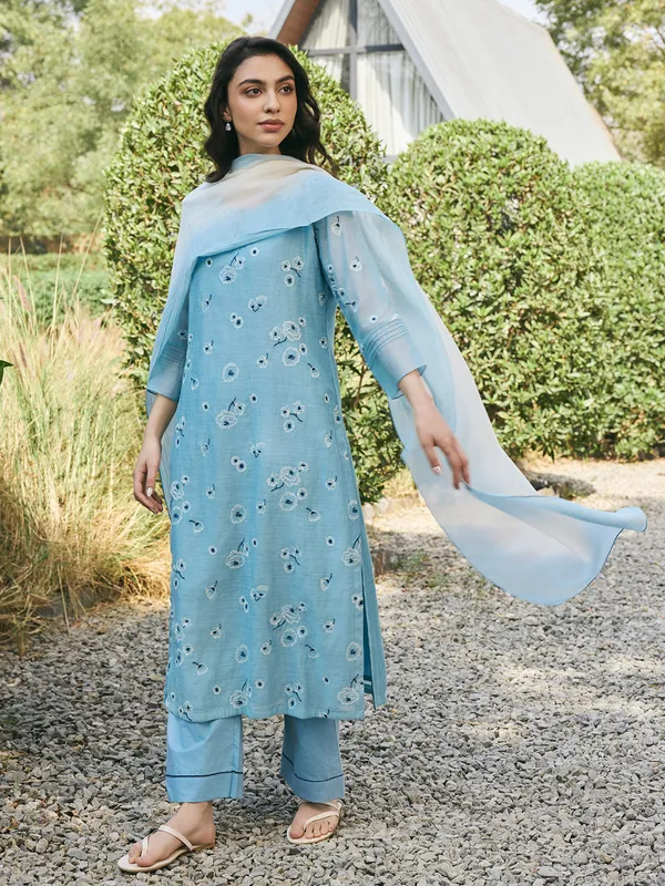 Blue muslin cotton festive wear salwar suit