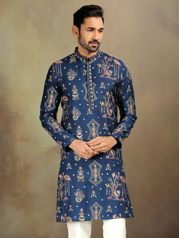 Blue nova silk kurta with embroidery charm