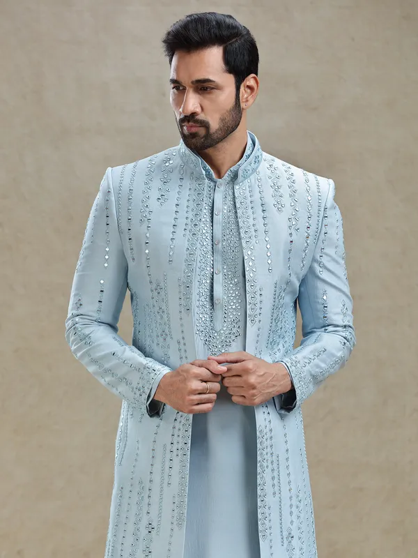 Blue open layered jacket style indo western set
