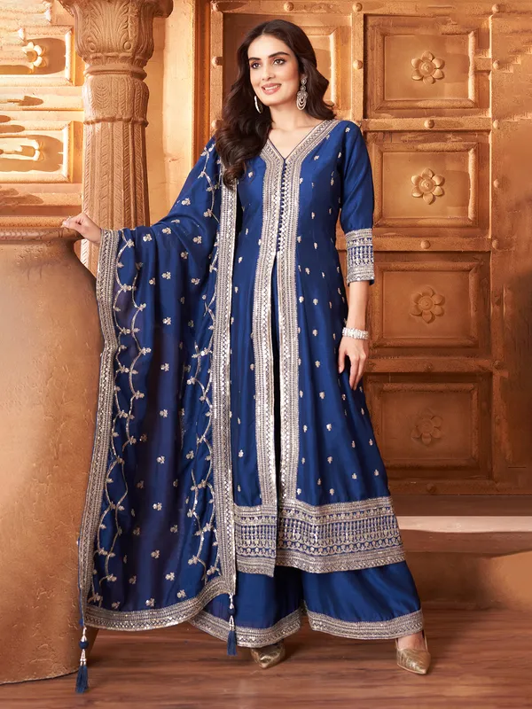 Blue pakistani palazzo suit with resham work