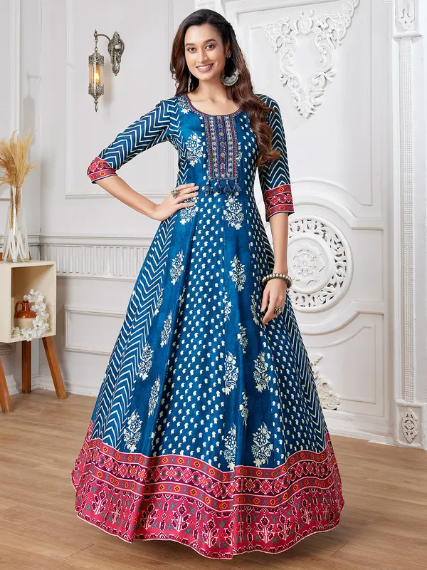 Blue printed anarkali suit in russian silk