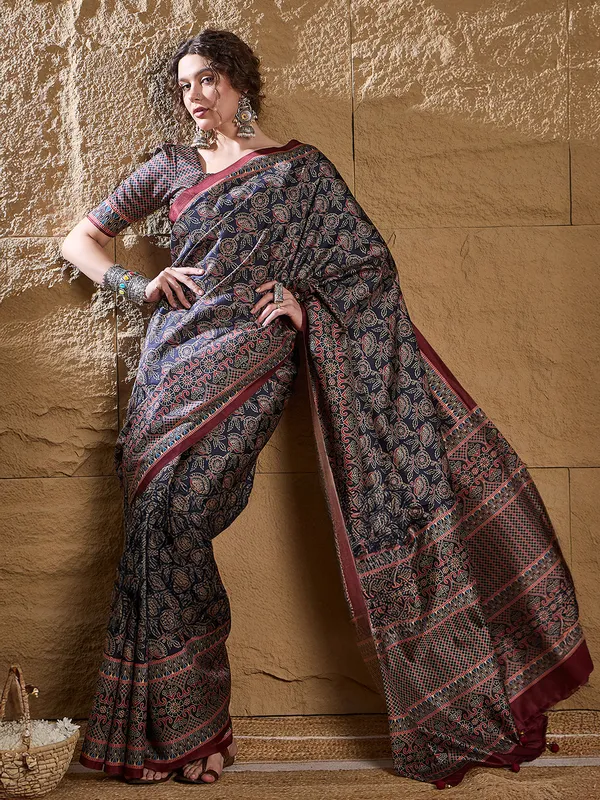 Blue printed bhagalpuri silk saree for festive wear