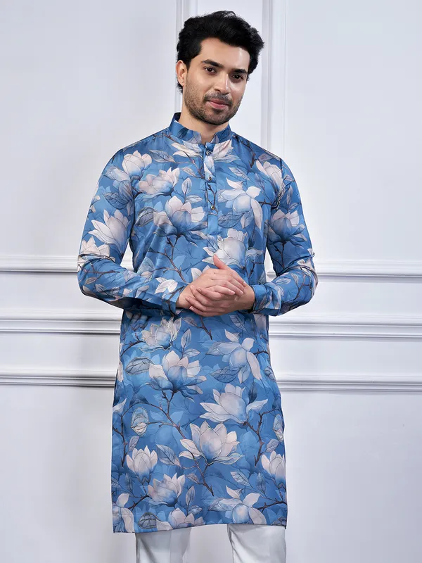 Blue printed cotton festival wear kurta suit