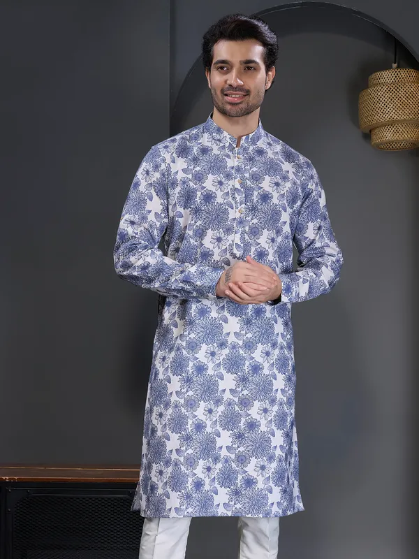 Blue printed cotton kurta suit for festive wear