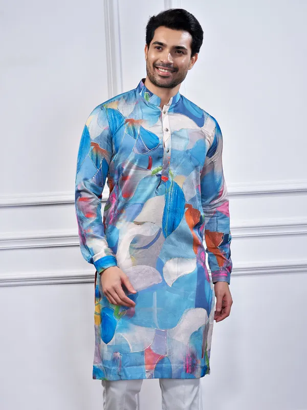 Blue printed cotton kurta suit for traditional look