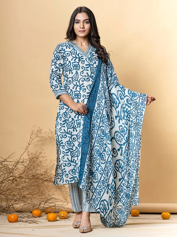 Blue printed cotton silk kurti set for festival