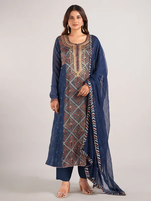 Blue printed cotton silk salwar suit with dupatta
