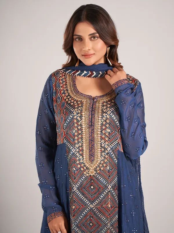 Blue printed cotton silk salwar suit with dupatta