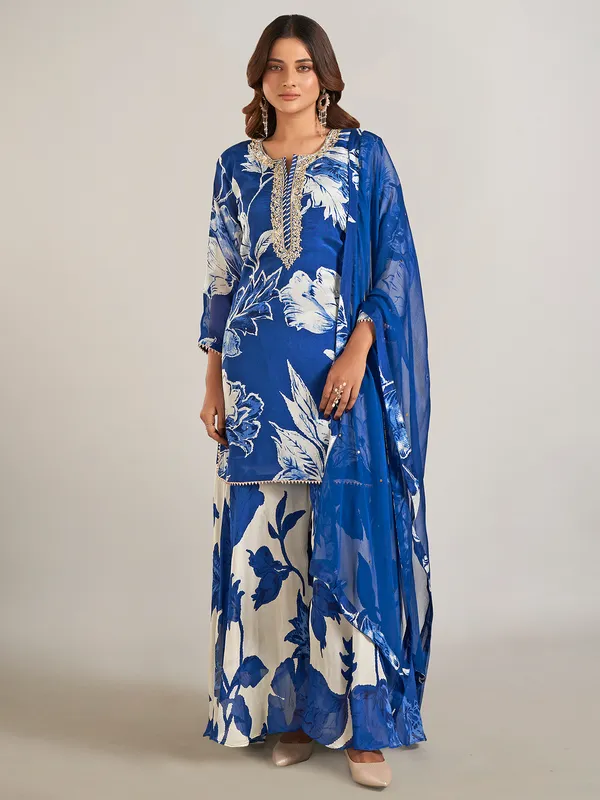 Blue printed crepe silk palazzo suit for festive