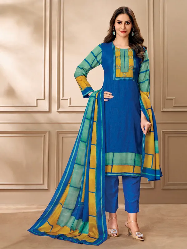 Blue printed dola silk salwar suit