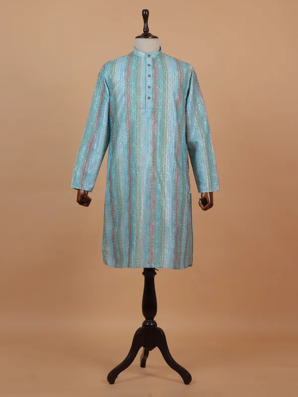 Blue printed festive kurta suit for men