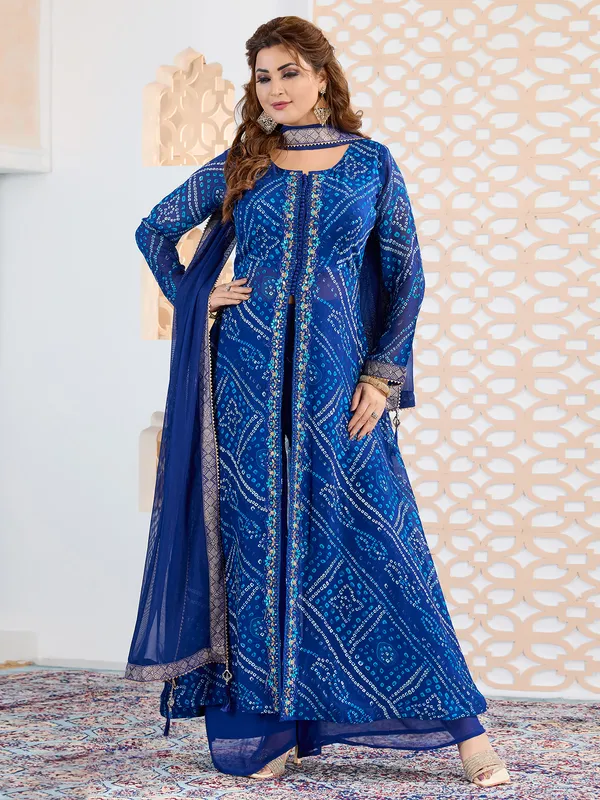 Blue printed georgette palazzo salwar suit