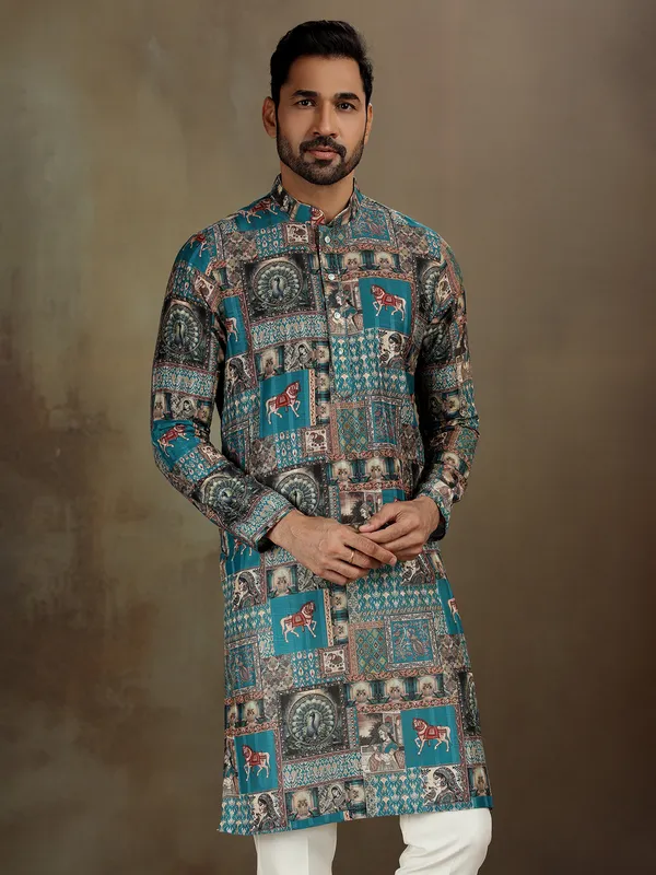 Blue printed kurta set for festive mood