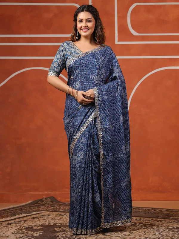 Blue printed muslin saree for women