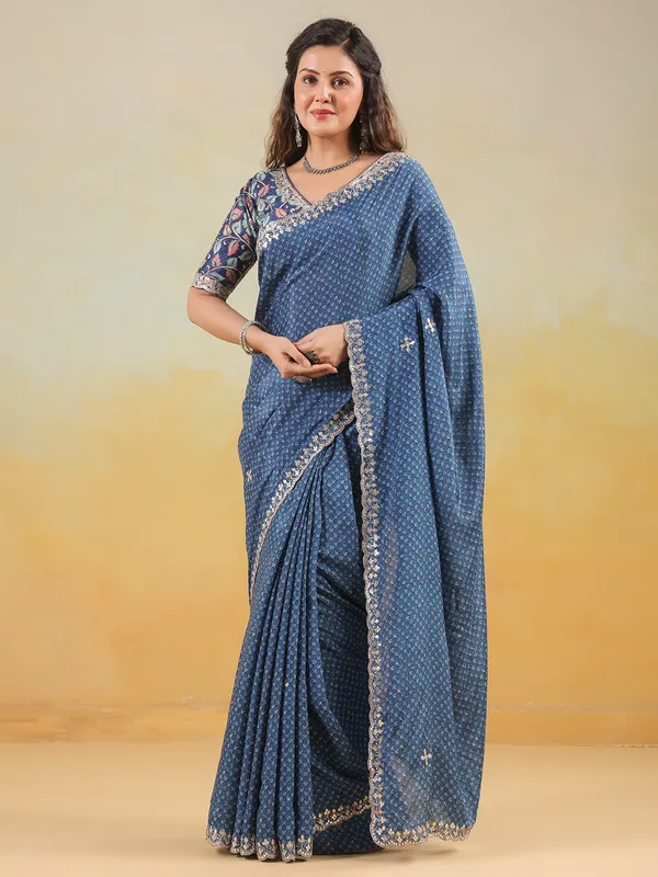 Blue printed muslin saree with ready made blouse