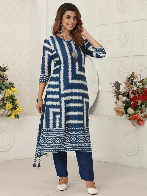 Blue printed russian silk kurti set for women