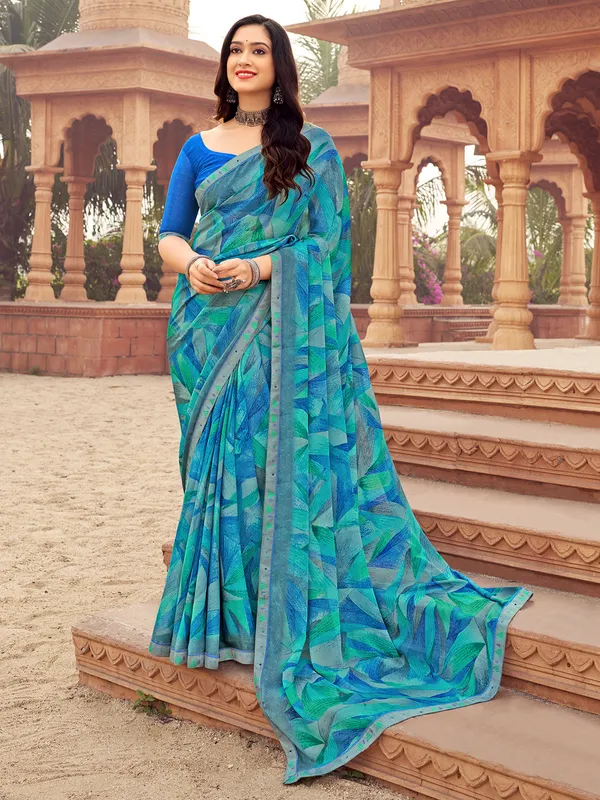 Blue printed saree in chiffon