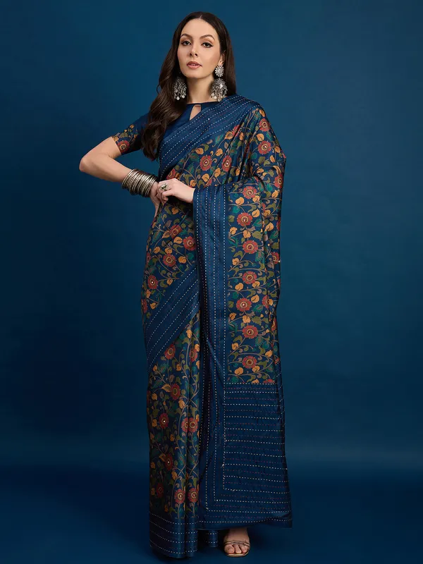Blue printed saree in cozi silk