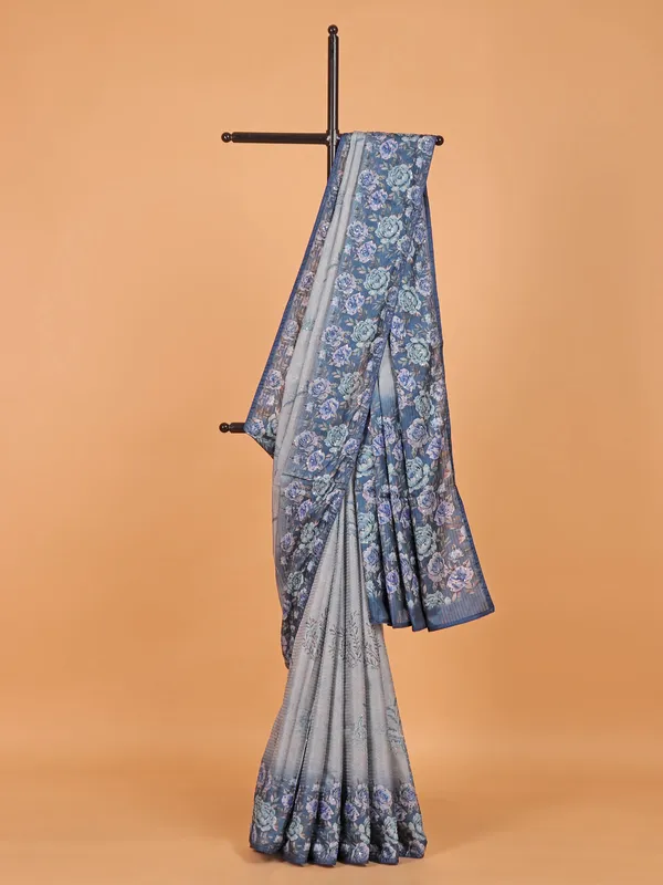Blue printed saree in semi silk for women