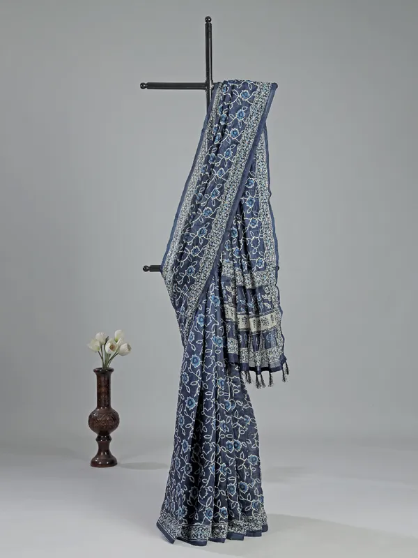 Blue printed semi cotton saree for festival