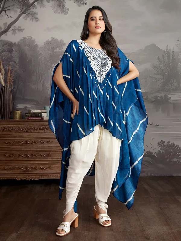 Blue printed silk dhoti salwar suit