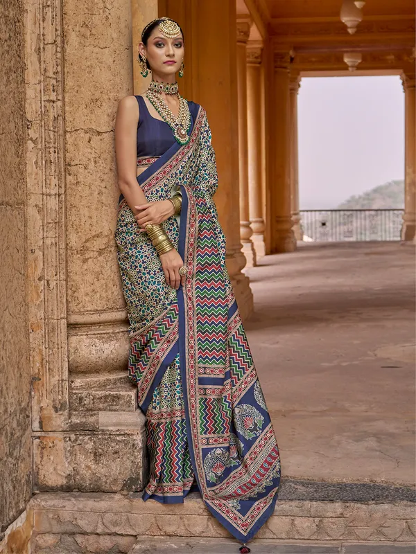 Blue printed silk elegant saree with ustitched blouse