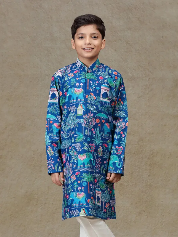Blue printed silk kurta set for festive wear