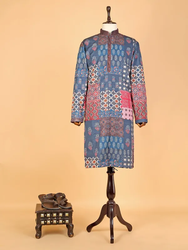 Blue printed silk  Men Kurta pajama for festive