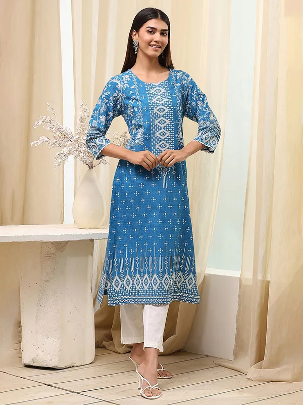 Blue printed silk kurti for casual