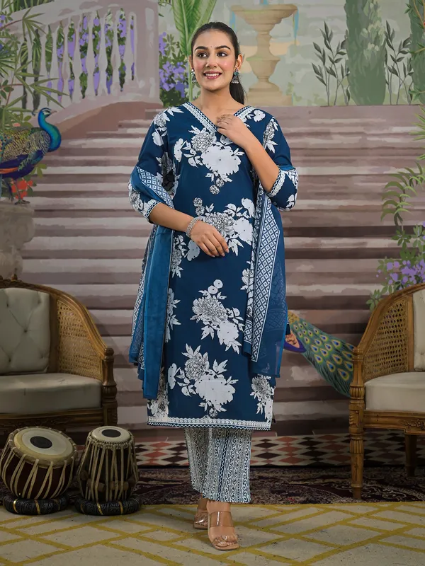 Blue printed silk kurti set with printed dupatta